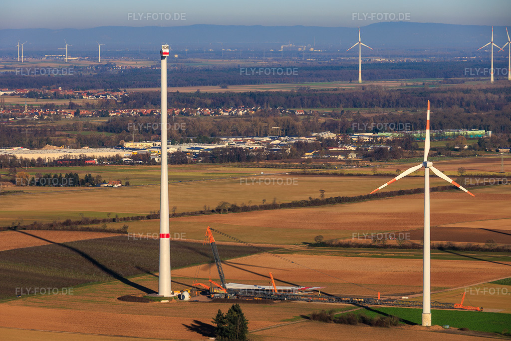 Luftbild: Riesenkran zum Repowering des Windpark Minfeld. JUWI ersetzt vier Altanlagen (GE 1.5) aus 2004 durch zwei neue, modernen Anlagen vom Typ Vestas V162 mit je sechs MW in Minfeld im Bundesland Rheinland-Pfalz in Deutschland. Foto: IMG_152213.jpg vom 27.12.2025 durch Werner Riehm/FLY-FOTO.deJUWI Windparks - JUWI