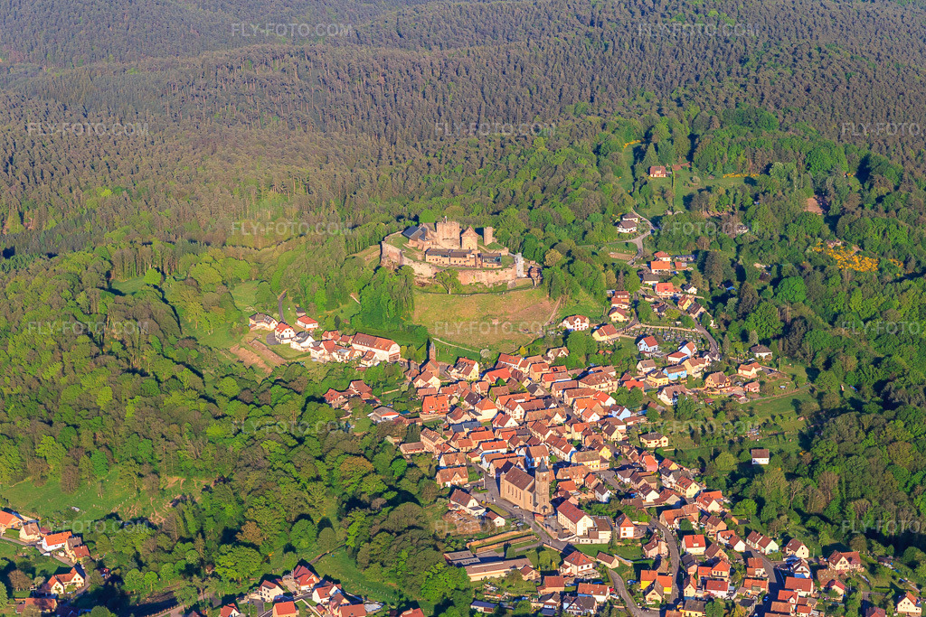 Aerial view: View of the town in the Northern Vosges from the west below the Château de Lichtenberg in Lichtenberg in the state Bas-Rhin, France. – Photo: IMG_145794.jpg taken on 04/30/2025 by Werner Riehm/FLY-FOTO.com – Resolution of the original: 5153 x 3435 px – Visiter le château de Lichtenberg dans les Vosges du Nord - Alsace