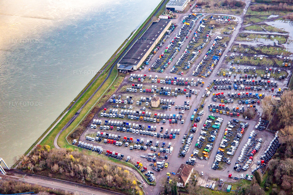 Luftbild: LKW-Lager der Zeltmann Kfz-Transfer GmbH am Rheinufer Maximiliansau im Ortsteil Maximiliansau in Wörth im Bundesland Rheinland-Pfalz in Deutschland. Foto: IMG_139332.jpg vom 16.12.2023 durch Werner Riehm/FLY-FOTO.de
