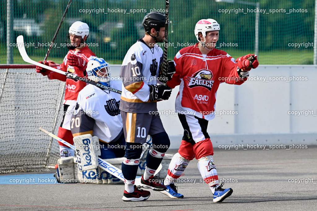 VAS Ballhockey vs. HSC Eagles Poggersdorf | #10 Sunitsch Marco, #10 Falkner Marco, #70 Moser Lukas, VAS Ballhockey vs. HSC Eagles Poggersdorf, VAS Ballhockey vs. HSC Eagles Poggersdorf am 14.07.2024 in Villach (Alpen Arena ), Austria, (Photo by Bernd Stefan)
