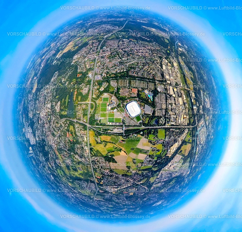 Gelsenkirchen240890556SchalkeArena | Luftbild, Berger Feld, Fußballstadion Veltins-Arena Bundesligastadion des FC Schalke 04 mit geschlossenem Dach und ausgefahrenem Spielfeld Rasen, Arena AufSchalke Trainingsplätze und Hotelanlage stays by friends, Autobahn A2 und Kurt Schumacher Straße, Erdkugel, Fisheye Aufnahme, Fischaugen Aufnahme, 360 Grad Aufnahme, tiny world, little planet, fisheye Bild, Erle, Gelsenkirchen, Ruhrgebiet, Nordrhein-Westfalen, Deutschland