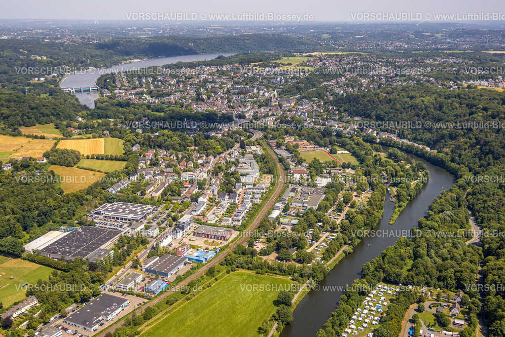 Essen230708023 | Luftbild, Ortsansicht Werden, Verlag Beleke, Medienhaus Ruhr GmbH, Margreff Druck GmbH, Fluss Ruhr, Ortsansicht Werden, Essen, Ruhrgebiet, Nordrhein-Westfalen, Deutschland