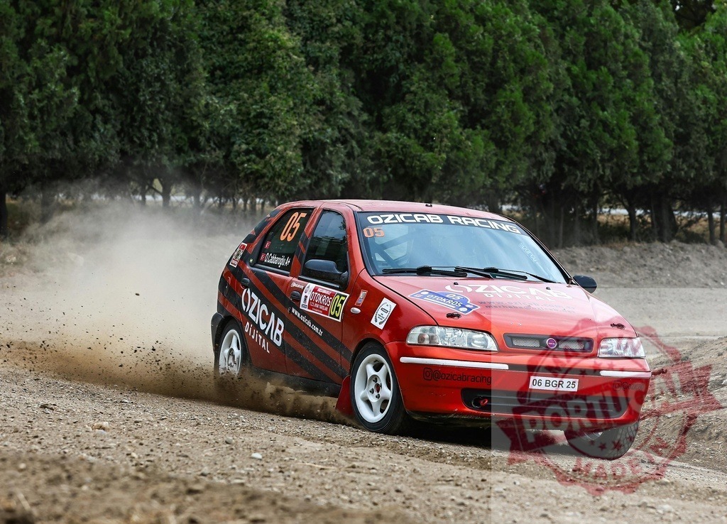 Ozicab Racing rally car kicking up dust on dirt road | Red rally car speeding on a dusty gravel track during a motorsport competition - Realisiert mit Pictrs.com