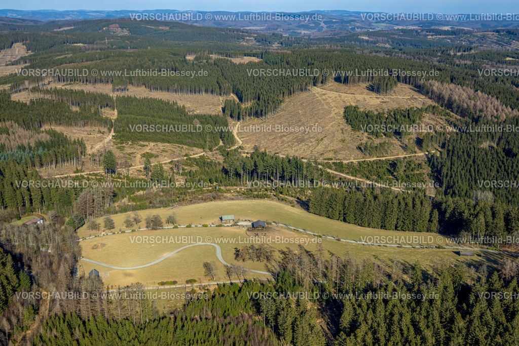 Kirchhundem250308732Rinsecke_PanoramaPark | Luftbild, Wildpark Tiergehege mit Fütterungshütten, Waldgebiet mit Waldschäden, Rinsecke, Kirchhundem, Sauerland, Nordrhein-Westfalen, Deutschland