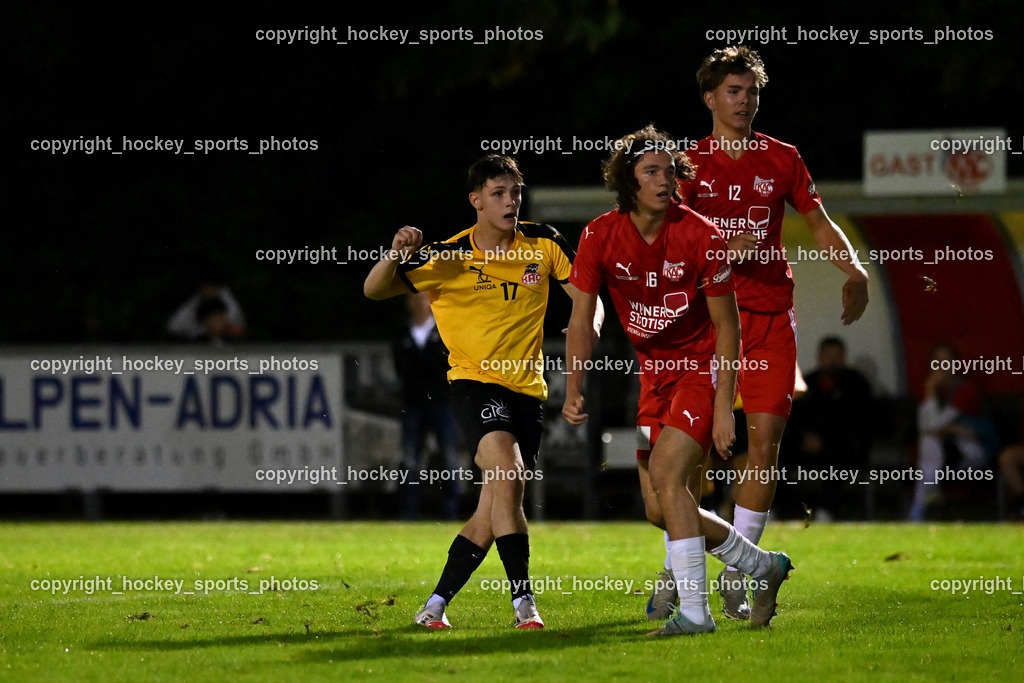 FC KAC 1909 vs. FC Nussdorf Debant | #17 Julian Graf FC Nussdorf Debant, #16 Noah Pogatetz FC KAC, #12 Noa Mosser FC KAC, FC KAC 1909 vs. FC Nussdorf Debant, FC KAC 1909 vs. FC Nussdorf Debant am 19.09.2025 in Klagenfurt (Sportplatz KAC), Austria, (Photo by Bernd Stefan)