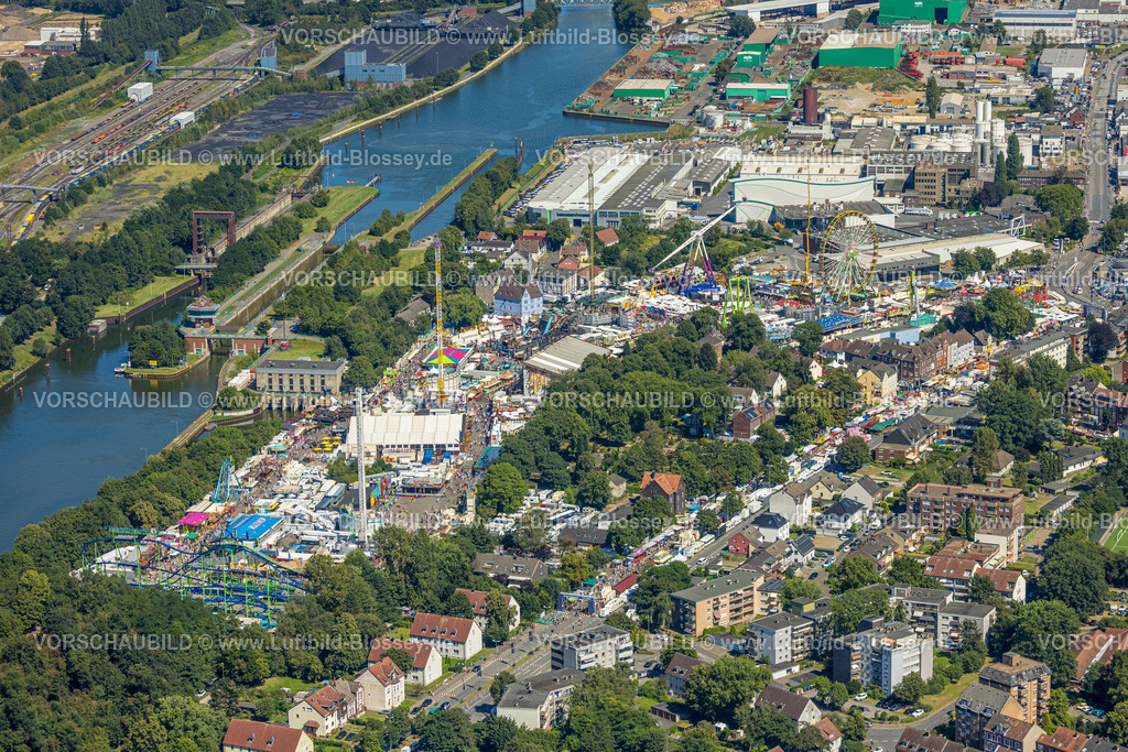 Herne240803359 | Luftbild, Cranger Kirmes, Volksfest mit Fahrgeschäften und Gastronomie, Riesenrad, Rhein-Herne-Kanal und Schleuse Wanne-Eickel, Unser Fritz, Herne, Ruhrgebiet, Nordrhein-Westfalen, Deutschland