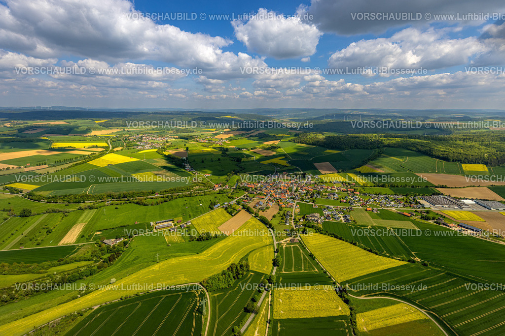 Brakel240504890Erkeln | Luftbild, grüne Wiesen und gelbe Rapsfelder an der Rheder Straße, Blick zum Wohngebiet Ortsansicht Ortsteil Erkeln, Fernsicht und blauer Himmel mit Wolken, Erkeln, Brakel, Ostwestfalen, Nordrhein-Westfalen, Deutschland