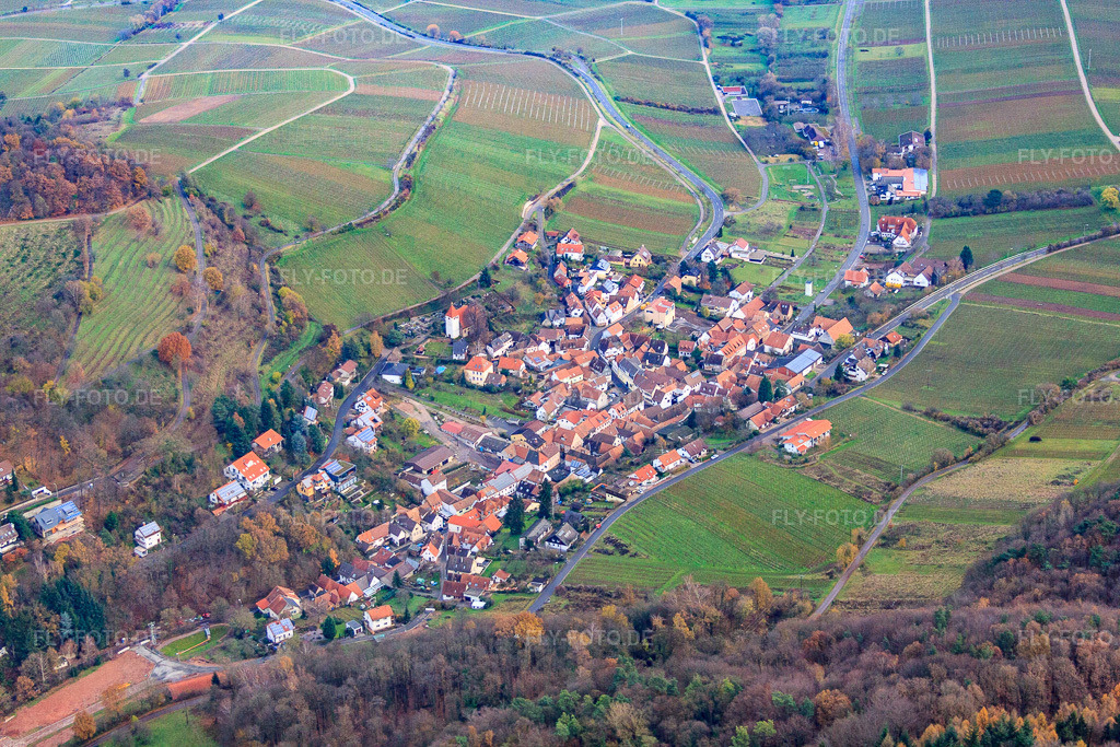 Luftbild: Winzerort von Westen in Leinsweiler im Bundesland Rheinland-Pfalz in Deutschland. Foto: IMG_61164.jpg vom 30.11.2013 durch Werner Riehm/FLY-FOTO.de
