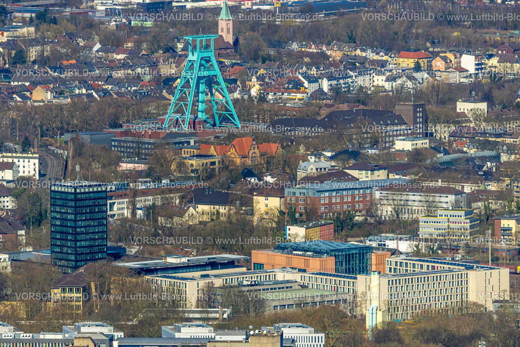 Bochum250301274 | Luftbild, Innenstadt Ansicht, City mit Stadtwerke Hochhaus und Gerichtsviertel an der Josef-Neuberger-Straße, hinten Förderturm und Bergbaumuseum, Grumme, Bochum, Ruhrgebiet, Nordrhein-Westfalen, Deutschland