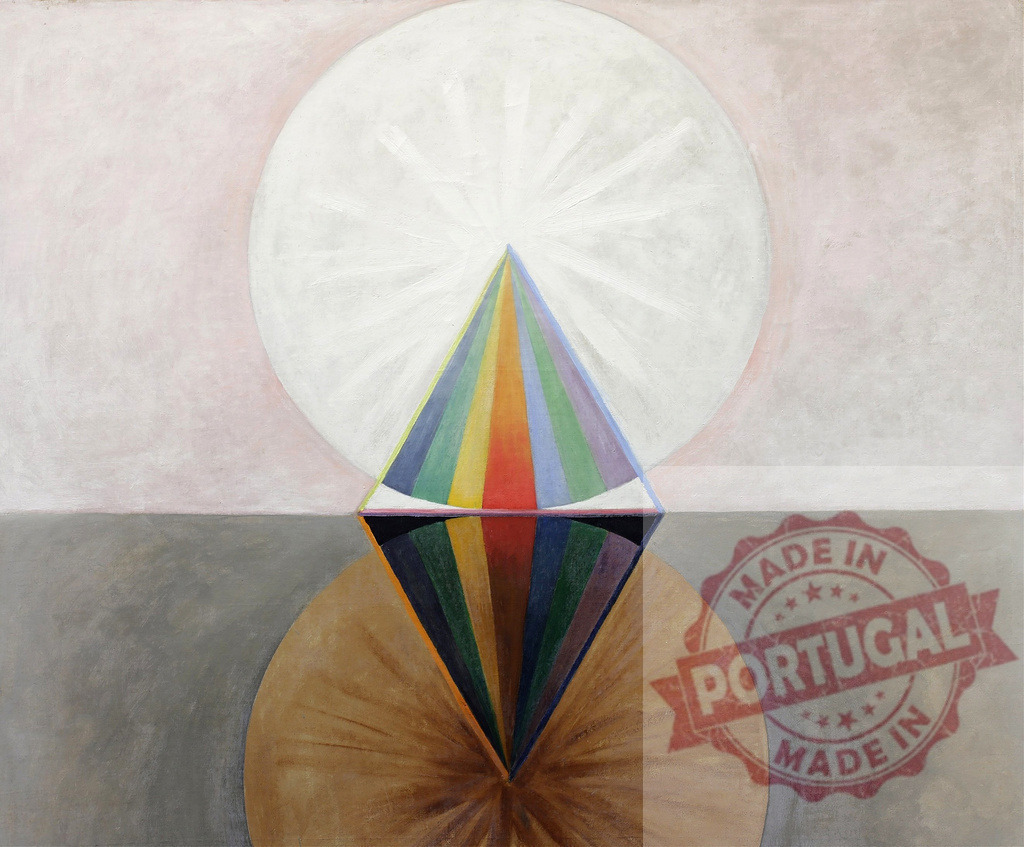 Hilma af Klint Altarpiece No. 1 colorful prism abstract art. Hilma af Klimt | Abstract geometric composition showing a colorful prism connecting a light sphere with a dark sphere - Realisiert mit Pictrs.com