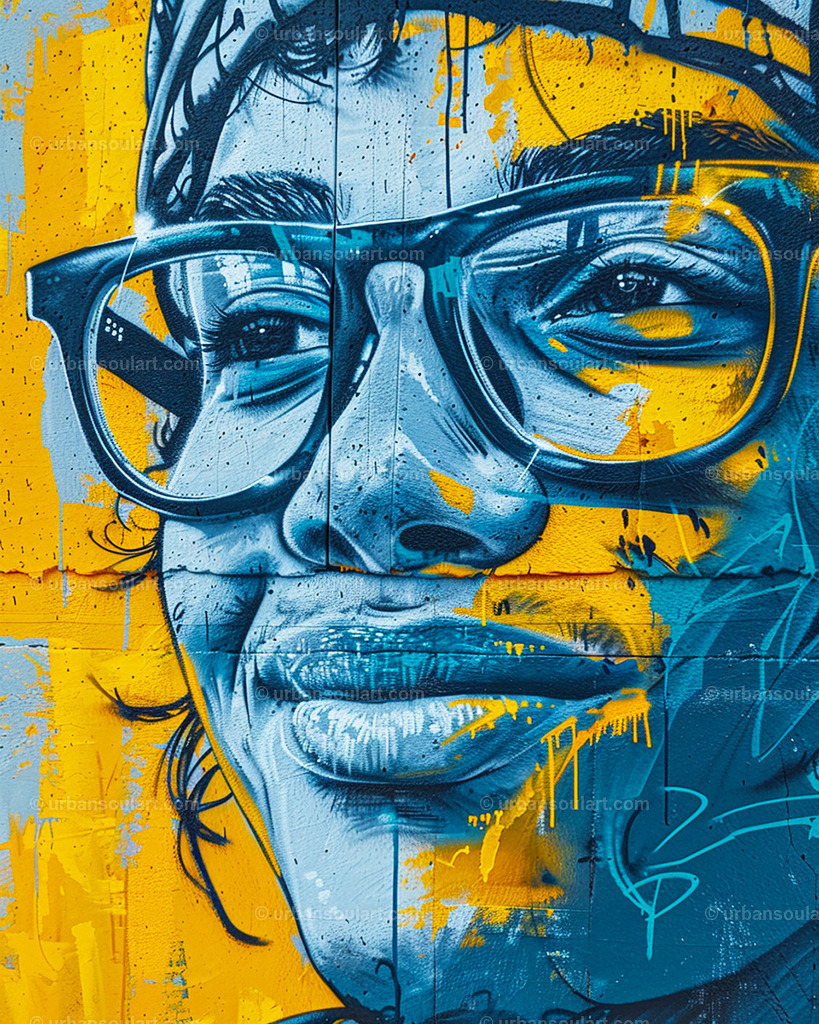 Young Man With Black Glasses Portrait | A close-up, modern portrait of a young man in black glasses with a yellow-blue abstract background. Ideal for trendy, urban-style interiors. - Realisiert mit Pictrs.com