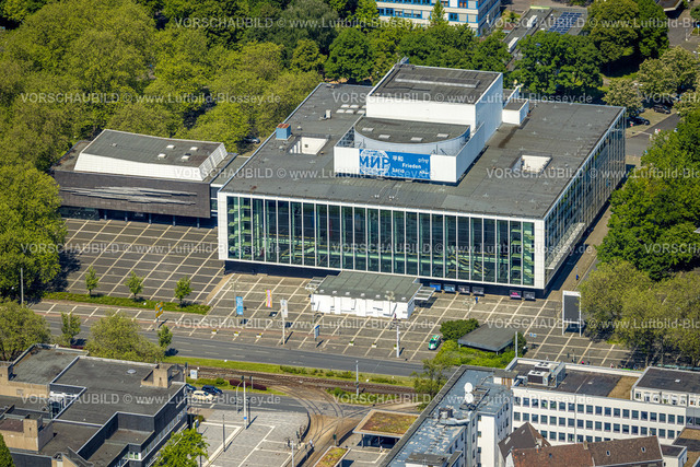 Gelsenkirchen230511440 | Luftbild, Musiktheater im Revier MIR, Frieden-Logo in mehreren Sprachen, Schalke, Gelsenkirchen, Ruhrgebiet, Nordrhein-Westfalen, Deutschland