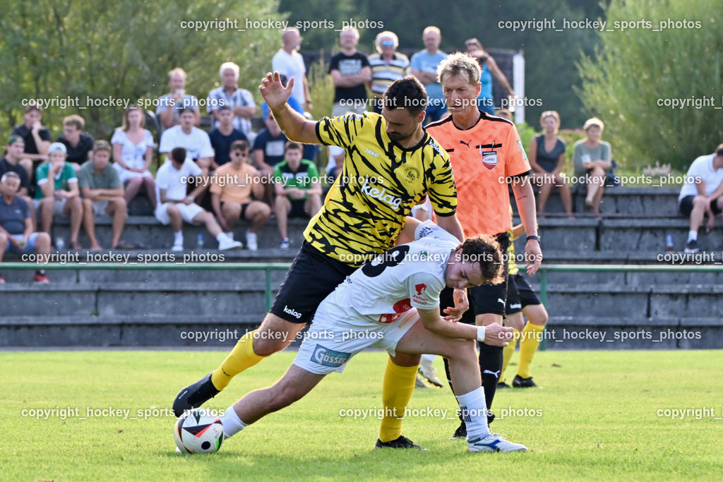 FC Faakersee vs. Rapid Lienz  | #18 Andreas Unterguggenberger FC Faakersee, #18 Diego Mareschi Rapid Lienz, Paul Fischer Referee, FC Faakersee vs. Rapid Lienz , FC Faakersee vs. Rapid Lienz  am 04.08.2024 in Faakersee (Sportplatz Faakersee), Austria, (Photo by Bernd Stefan)