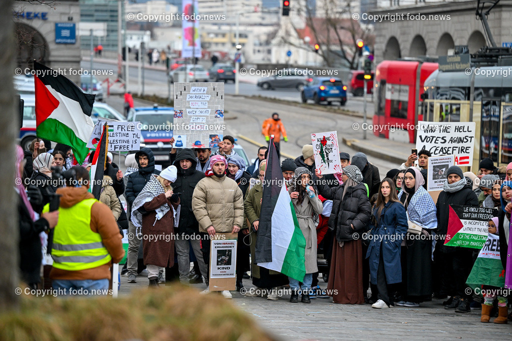 Demonstration Paleastina in Linz_ Pro Gaza_ 14.01.2024-61 | 14.01.2024, Linz, AUT, Demonstration, im Bild Palästina, Palaestina, Gaza, Demoteilnehmer, Teilnehmer, Kundgebung, Plakate, Fahnen, Polizei, Beamte, Polizeifahrzeuge, Einsatzkraefte, Israel, Krieg, Hamas, Geisel, Freiheit, Frieden