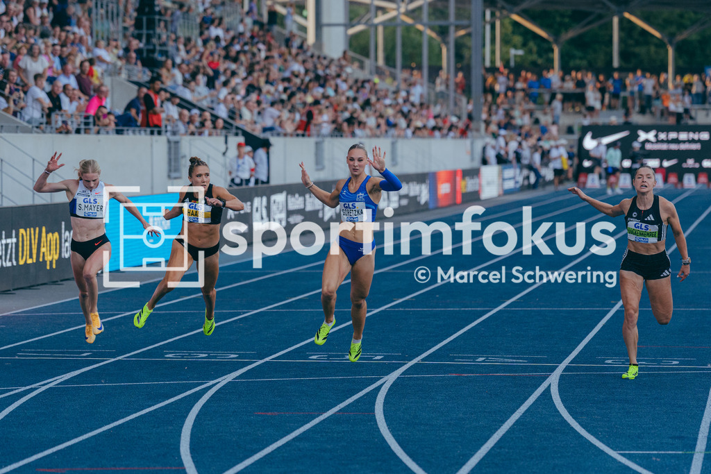 Deutsche Meisterschaften der Frauen und Männer 2026 | Sina Mayer, LAZ Zweibrücken, Rebekka Haase, Sprintteam Wetzlar, Emma Goretzka, LAC BERLIN, 100-Meter-Lauf, Finale, Deutsche Meisterschaften der Frauen und Männer 2026, Lohrheidestadion Bochum-Wattenscheid, 25.07.2026. Foto: Marcel Schwering / sportimfokus - Realisiert mit Pictrs.com