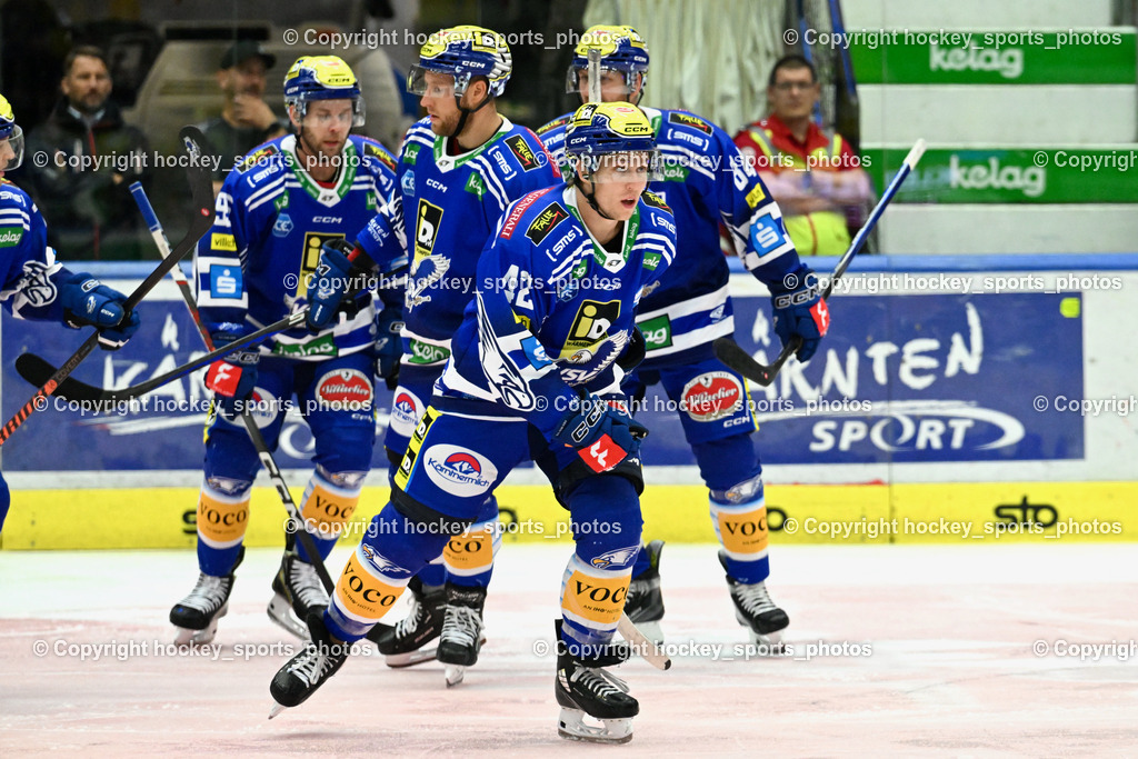 EC IDM Wärmepumpen VSV vs. HC Bozen 19.9.2023 | Jubel EC VSV Mannschaft, #42 LANZINGER Benjamin,  win2day icehockeyleague, EC IDM Wärmepumpen - HC Bozen  am 19.09.2023 in Villach (Stadhalle Villach), Austria, (Photo by Bernd Stefan)