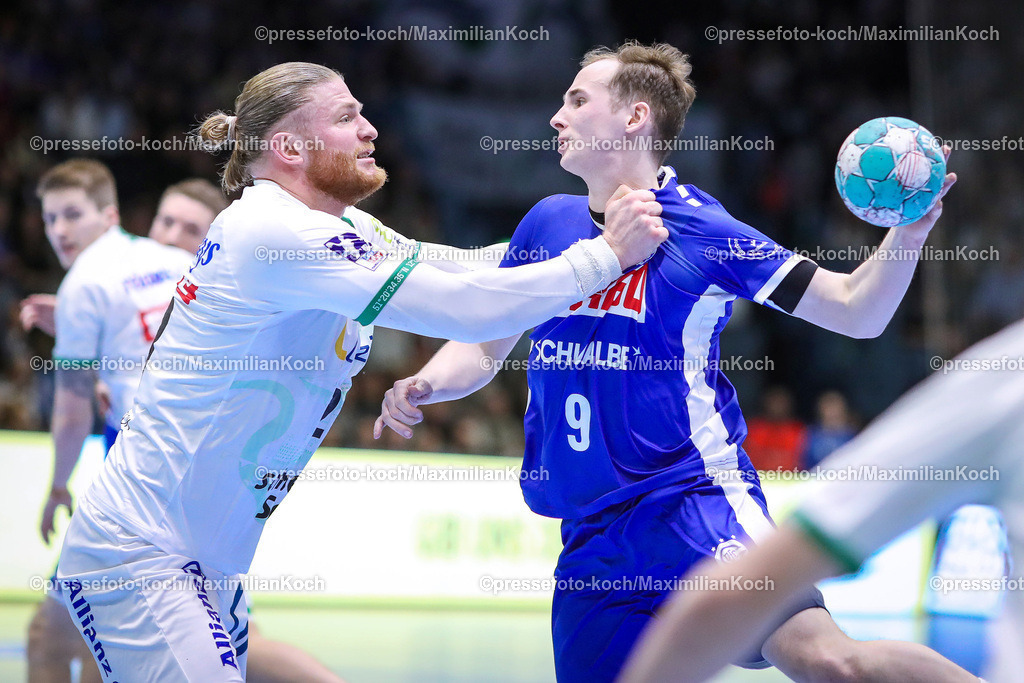 Gum1HBL19022401039 | 19.02.2024, Gummersbach, Handball, Liqui Moly Bundesliga, Schwalbe-Arena, VfL Gummersbach - SC DHfK Leipzig: Maciej Gebala (SC DHFK Leipzig) gegen Arnor Snaer Oskarsson (VfL Gummersbach)