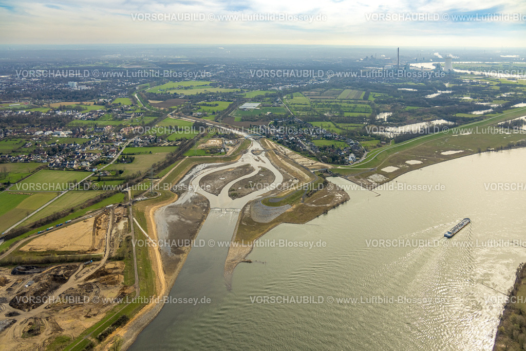 Dinslaken240309021 | Luftbild, Neue Emschermündung in den Fluss Rhein, blaue Brücke Hagelstraße, Eppinghoven, Dinslaken, Nordrhein-Westfalen, Deutschland