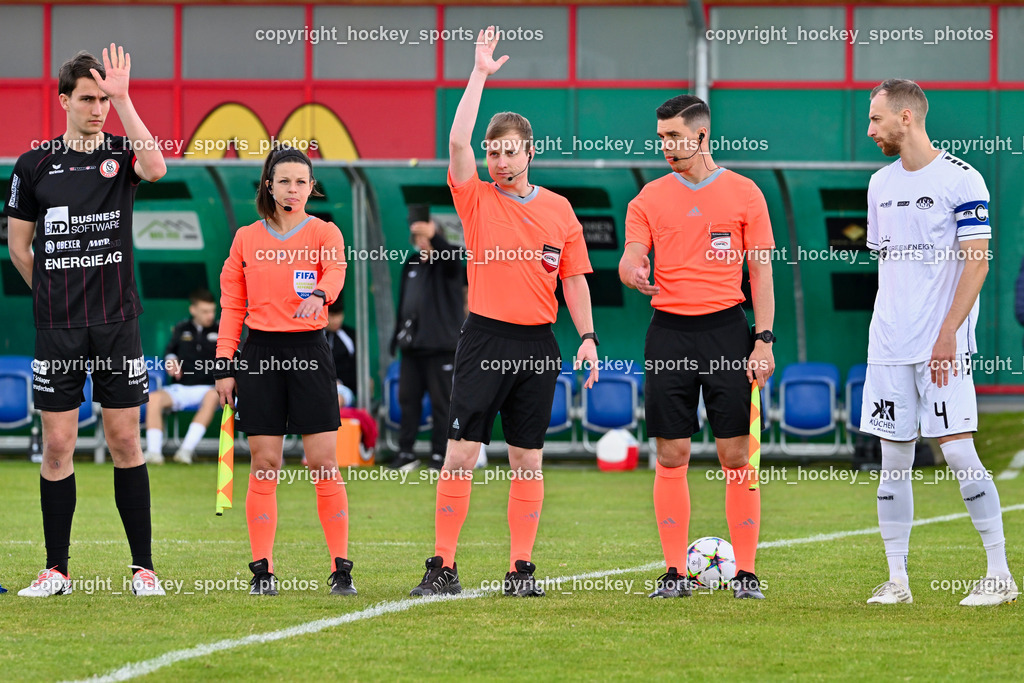 ASK Klagenfurt vs. SK Vorwärts Steyr 21.4.2024 | #4 Stefan Goldnagl SK Vorwärts Steyr, Lena Hirtl Referee, Florian Sabathi Referee, Senaid Covic Referee, #4 Mateo Grubor ASK Klagenfurt, ASK Klagenfurt vs. SK Vorwärts Steyr 21.4.2024, ASK Klagenfurt vs. SK Vorwärts Steyr am 21.04.2024 in Klagenfurt (ASK Sportzentrum Fischl), Austria, (Photo by Bernd Stefan)