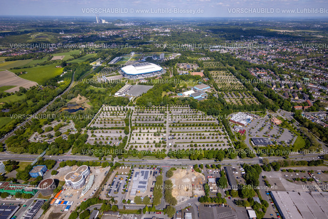 Gelsenkirchen230511039 | Luftbild, Veltins-Arena Bundesligastadion des FC Schalke 04 mit offenem Dach, Berger Feld, Erle, Gelsenkirchen, Ruhrgebiet, Nordrhein-Westfalen, Deutschland
