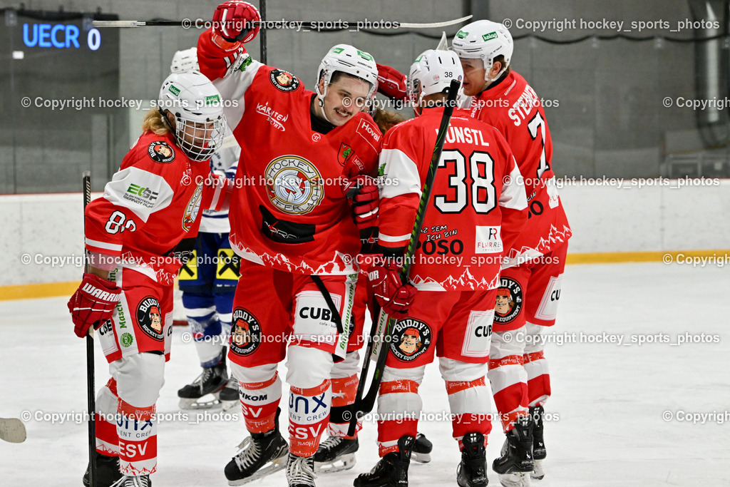 ESV Ferlach vs. UECR Eisbären Huben | Jubel ESV Ferlach, #88 Steiner Thomas ESV Ferlach, #38 Künstl Kevin ESV Ferlach, #7 Steiner Marco ESV Ferlach, #90 Schubernig Markus ESV Ferlach, ESV Ferlach vs. UECR Eisbären Huben, ESV Ferlach vs. UECR Eisbären Huben am 31.10.2025 in Ferlach (HTC Eishalle Ferlach), Austria, (Photo by Bernd Stefan)