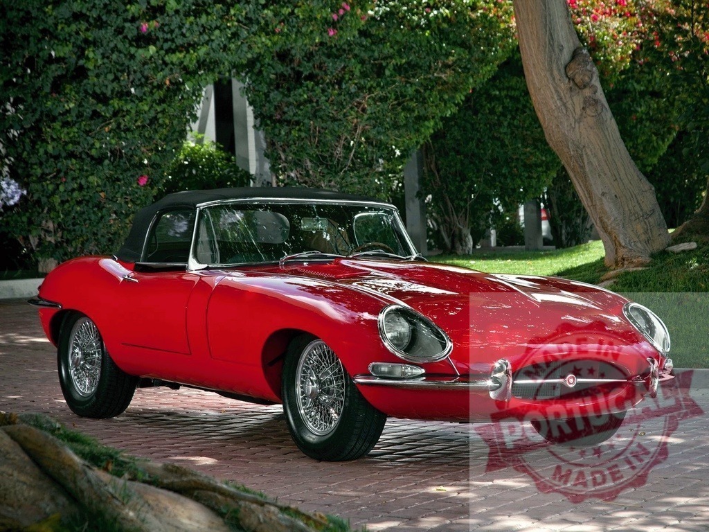 Red Jaguar E-Type vintage sport convertible car | Red Jaguar E-Type parked in a shaded driveway with lush green foliage - Realisiert mit Pictrs.com