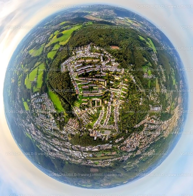 Hagen230990059 Spielbrink | Luftbild, Ortsansicht Ortsteil Spielbrink, Erdkugel, Fisheye Aufnahme, Fischaugen Aufnahme, 360 Grad Aufnahme, tiny world, Haspe, Hagen, Ruhrgebiet, Nordrhein-Westfalen, Deutschland