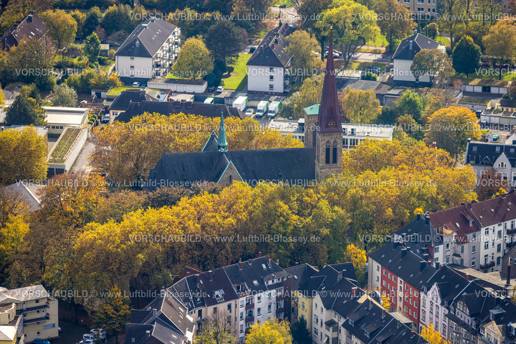 Herne241015684 | Luftbild, Herz-Jesu-Kirche und Eva-von-Tiele-Winckler Haus evangelisches Johanneswerk gGmbH, V-förmige Baumallee, Herne-Mitte, Herne, Ruhrgebiet, Nordrhein-Westfalen, Deutschland