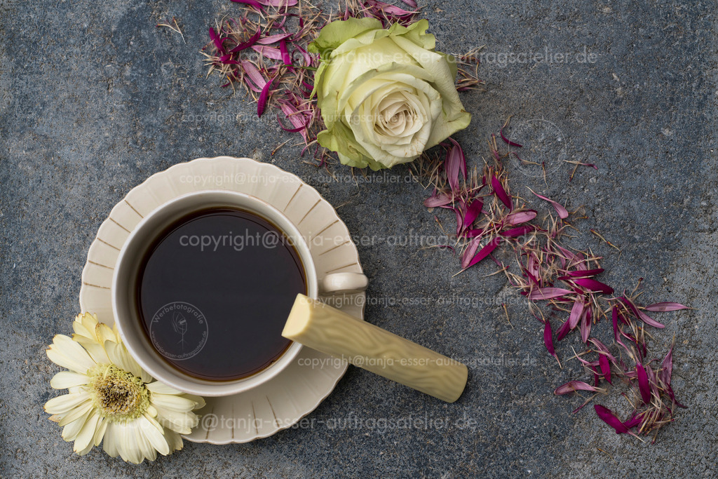 Tasse Kaffee und weiße Schokolade | Eine Tasse mit Kaffee steht auf dunklem Beton Hintergrund. Champagner farbige Blüten und florale Blütenblätter dekorieren das Bild. Eine Süßigkeit aus weißer Schokolade verlockt zu einer Kaffeepause.