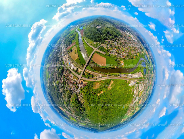 PortaWestfalica24059060Weser_Wiehengebirge | Luftbild, Kaiser-Wilhelm-Denkmal, kulturelles Denkmal, Wiehengebirge und Fluss Weser mit Portabrücke, Ortsansicht Porta Westfalica, Erdkugel, Fisheye Aufnahme, Fischaugen Aufnahme, 360 Grad Aufnahme, tiny world, little planet, fisheye Bild, Barkhausen, Porta Westfalica, Ostwestfalen, Nordrhein-Westfalen, Deutschland