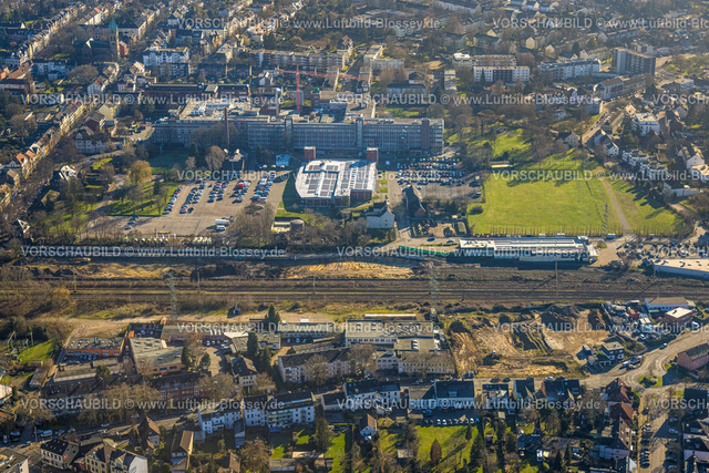 Muelheim230201417 | Luftbild, Baustelle Heerstraße, Wetec Entwicklungsfläche, nördlich und südlich der Güterbahntrasse, ehem. Tengelmann Gelände, Technikum Mülheim, Speldorf, Mülheim an der Ruhr, Ruhrgebiet, Nordrhein-Westfalen, Deutschland