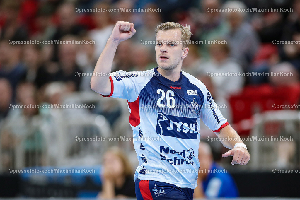 Due1HBL02062401035 | 02.06.2024, Handball, Düsseldorf, PSD-Bank Dome, Liqui Moly Handball Bundesliga, Spieltag 34, Saison 2023 2024, Bergischer HC - SG Flensburg-Handewitt: Johan Hansen (SG Flensburg-Handewitt) jubelnd