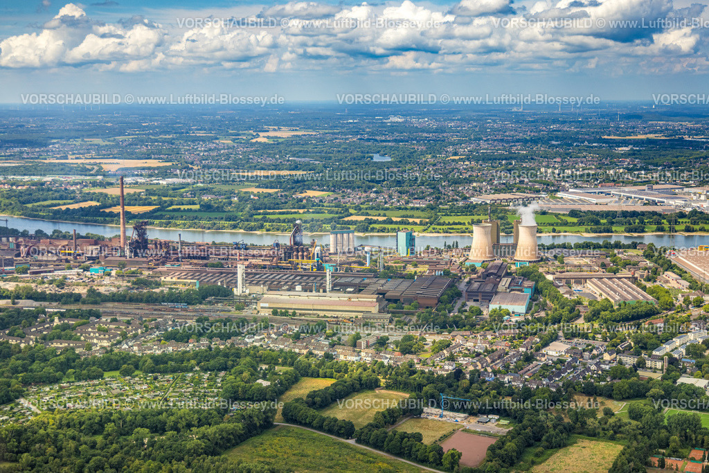 Duisburg250704330Sued | Luftbild, Hüttenwerke Krupp Mannesmann HKM, Kühltürme, Fluss Rhein und Fernsicht zum LSG Rheinhausen Friemersheim, Hüttenheim, Duisburg, Ruhrgebiet, Nordrhein-Westfalen, Deutschland