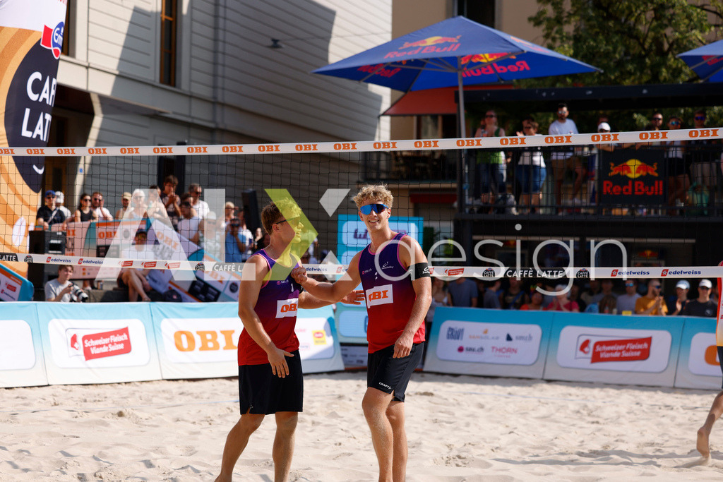 Obi BeachTour 2026 - Basel | BASEL, SWITZERLAND - JULY 19: FLORIAN BREER (SUI) and MATHIS KÄLIN (SUI) during the Obi BeachTour 2026 match between DILLIER / FLÜCKIGER (SUI) and BREER / KÄLIN (SUI) at Barfüsserplatz on July 19, 2026 in Basel, Switzerland. - Realisiert mit Pictrs.com