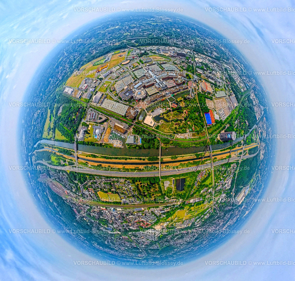 Oberhausen250590309Centro | Luftbild, Westfield Centro Einkaufszentrum Neue Mitte mit Gasometer, Autobahn A42 und Fluss Emscher, Rhein-Herne-Kanal, Erdkugel, Fisheye Aufnahme, Fischaugen Aufnahme, 360 Grad Aufnahme, tiny world, little planet, fisheye Bild, Borbeck, Oberhausen, Ruhrgebiet, Nordrhein-Westfalen, Deutschland