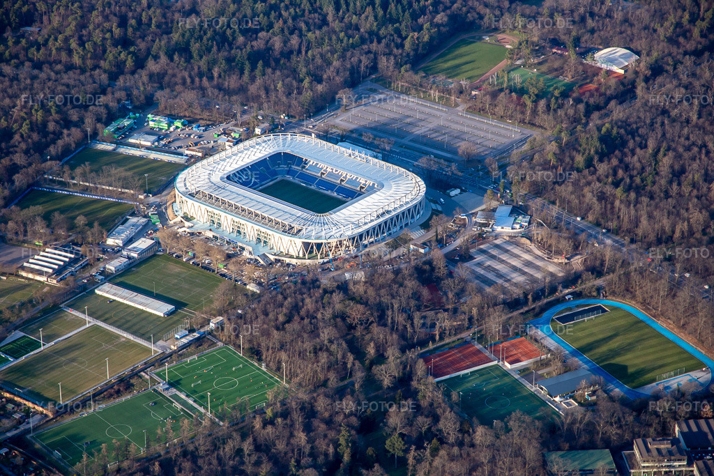 Luftbild: BBBank Wildpark, fast vollendeter Stadionneubau des KSC im Ortsteil Innenstadt-Ost in Karlsruhe im Bundesland Baden-Württemberg in Deutschland. Foto: IMG_135977.jpg vom 21.02.2023 durch Werner Riehm/FLY-FOTO.de