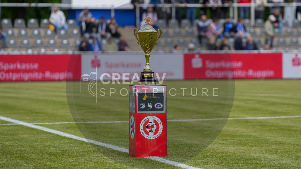 Fußball, Herren, Saison 2024/2025, Finaltag der Amateure 2025, Landespokal Brandenburg, Finale, VfB 1921 Krieschow vs. RSV Eintracht 1949, Samstag 24.05.2025, Volksparkstadion Neuruppin, | Fußball, Herren, Saison 2024/2025, Finaltag der Amateure 2025, Landespokal Brandenburg, Finale, VfB 1921 Krieschow vs. RSV Eintracht 1949, Samstag 24.05.2025, Volksparkstadion Neuruppin, Im Bild: Die Trophäe/Der Pokal des Brandenburger Landespokals. - Realisiert mit Pictrs.com