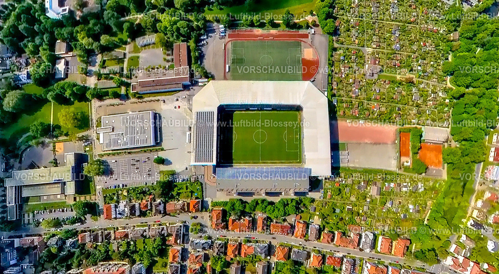Bielefeld24059053DSC-ArminiaStadion | Luftbild, Fußballstadion SchücoArena des DSC Arminia Bielefeld, auch Almstadion oder Bielefelder Alm, Solardach, Fisheye Aufnahme, Fischaugen Aufnahme, 360 Grad Aufnahme, tiny world, little planet, fisheye Bild, Mitte, Bielefeld, Ostwestfalen, Nordrhein-Westfalen, Deutschland