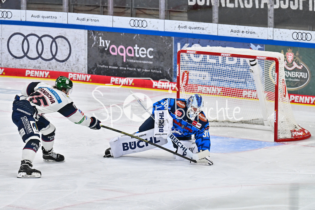 ERC Ingolstadt - Eisbären Berlin | INGOLSTADT, GERMANY - 18. DECEMBER: Brett BROCHU (ERC Ingolstadt 36) ist vor Norwin PANOCHA (Eisbären Berlin 75) am Puck während dem Match zwischen dem ERC Ingolstadt und den Eisbären Berlin am 29. Spieltag der Penny DEL in der Saturn Arena