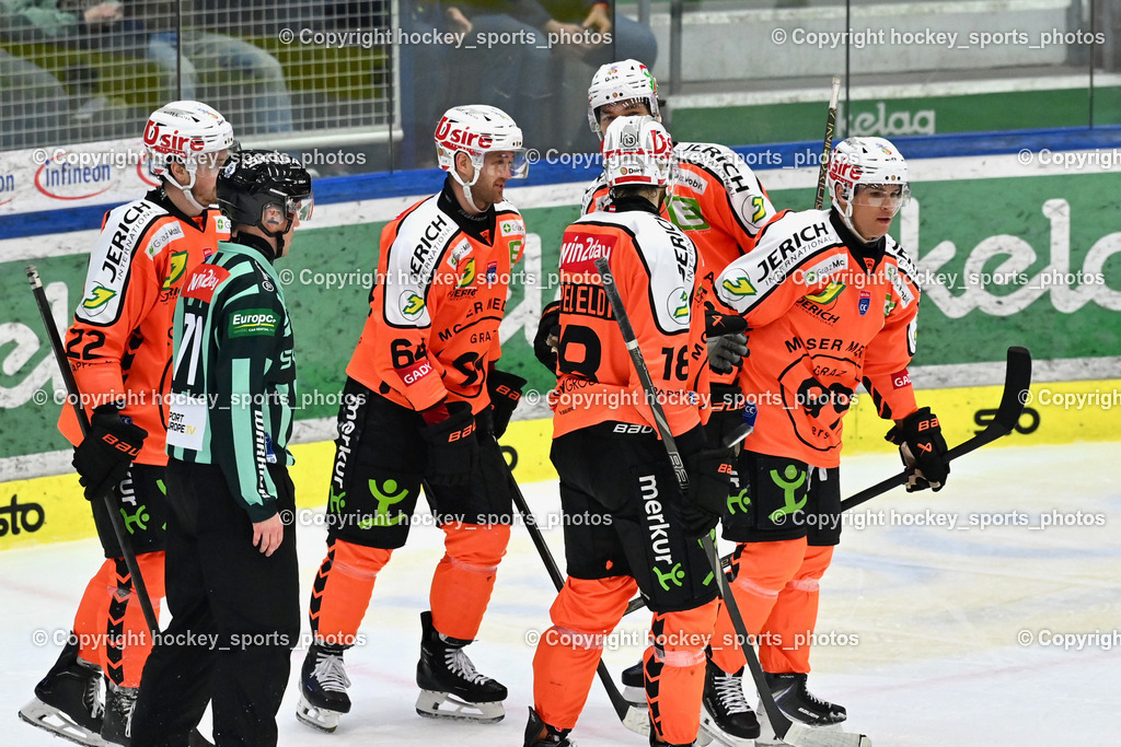 EC IDM WÄRMEPUMPEN VSV vs. MOSER MEDICAL GRAZ99ERS | #18 Paul Stapelfeldt Graz 99ers, Jubel Graz 99ers, #3 Frank Hora Graz 99ers, #64 Josh Currie Graz 99ers, #22 Kevin Conley Graz 99ers, EC IDM WÄRMEPUMPEN VSV vs. MOSER MEDICAL GRAZ99ERS, EC IDM WÄRMEPUMPEN VSV vs. MOSER MEDICAL GRAZ99ERS am 17.03.2026 in Villach (Stadthalle Villach), Austria, (Photo by Bernd Stefan)