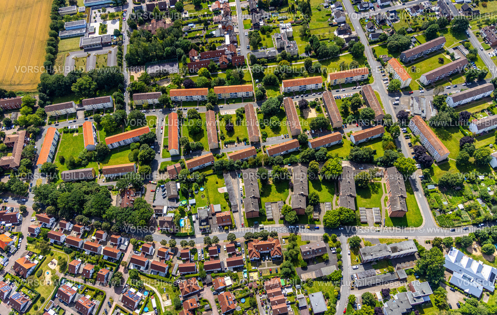 Hamm240706177 | Luftbild, Reihenhaus-Mietshäuser Wohnsiedlung Kurt-Schumacher-Straße, Theodor-Heuss-Straße und Herringer Heide, Stadtbezirk Herringen, Hamm, Ruhrgebiet, Nordrhein-Westfalen, Deutschland