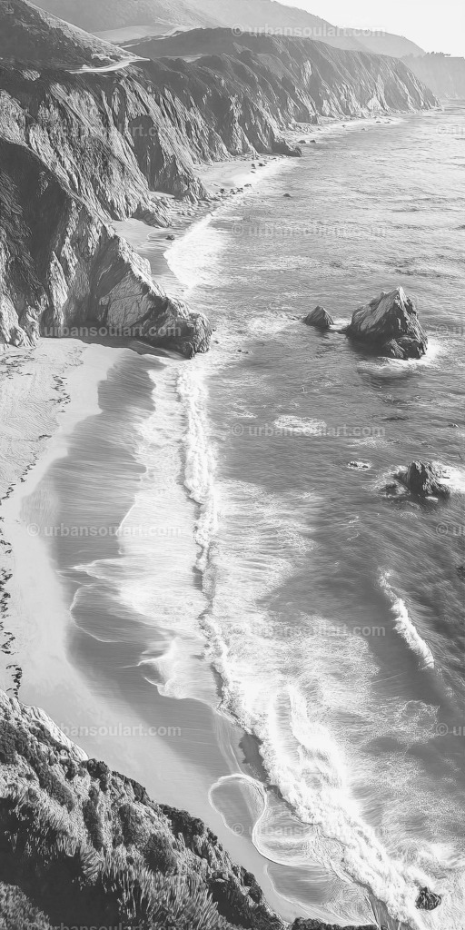 Vintage Coast Line | Experience the timeless beauty of a black-and-white coastal landscape with this "Vintage Coast Line" artwork. Capturing dramatic cliffs and crashing waves, this canvas brings a classic touch to your space. Perfect for coastal and vintage decor lovers. - Realisiert mit Pictrs.com