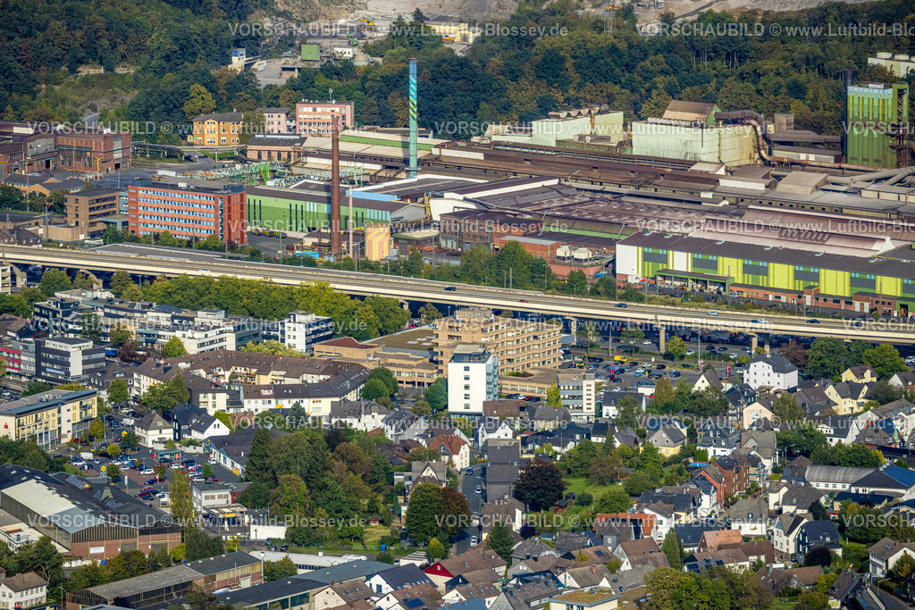 Siegen230912073 | Luftbild, Deutsche Edelstahlwerke Imperial Industrial Logistics GmbH, Brücke der Hüttentalstraße Bundesstraße B54, Geisweid-Ruhrst, Siegen, Siegerland, Nordrhein-Westfalen, Deutschland