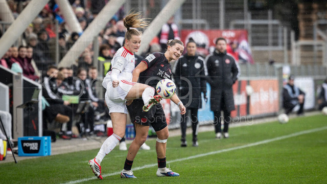 Frauen Fußball-Bundesliga; Bayer 04 Leverkusen - 1. FC Nürnberg, 31.01.2026 | Luisa Guttenberger (1. FC Nürnberg, 4) und Katharina Piljic (Bayer 04 Leverkusen, 6) beim Zweikampf; Bayer 04 Leverkusen - 1. FC Nürnberg an Spieltag 16 der Google Pixel Frauen-Bundesliga am 31.01.2026 im Ulrich-Haberland-Stadion in Leverkusen (Nordrhein-Westfalen). DFL REGULATIONS PROHIBIT ANY USE OF PHOTOGRAPHS AS IMAGE SEQUENCES AND/OR QUASI-VIDEO.