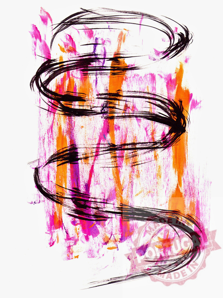 Black brushstrokes swirling over vibrant pink and orange paint strokes | Dynamic abstract composition featuring energetic black brushstrokes swirling gracefully over a backdrop of vibrant pink and orange paint, creating a visually striking contrast - Realisiert mit Pictrs.com