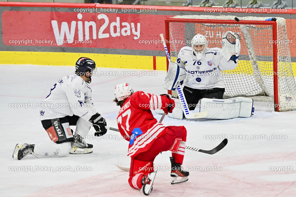EC KAC Future Team vs. Die Adler Kitzbühl 7.10.2023 | #77 Lamereiner Leon#76 Schubert Thomas EC Kitzbühel, EC KAC Future Team vs. Die Adler Kitzbühl 7.10.2023, EC KAC Future Team vs. Die Adler Kitzbühl am 07.10.2023 in Klagenfurt (Messehalle Klagenfurt), Austria, (Photo by Bernd Stefan)