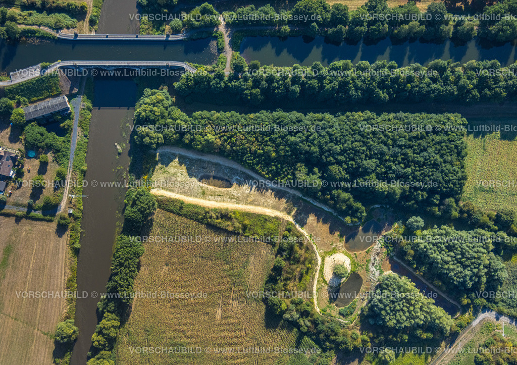 Olfen220806049Lippe | Luftbild, Fluss- und Auenentwicklung der Lippe Vogelsang, Renaturierung, Kanalbrücke Lippe Alte Fahrt, NSG Lippeaue, Fluss Lippe und Alte Fahrt, Stadtgrenze Olfen-Datteln, Pelkum, Datteln, Ruhrgebiet, Nordrhein-Westfalen, Deutschland