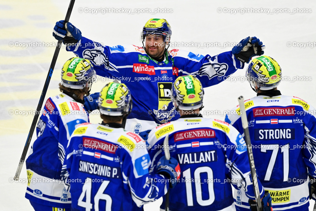 EC IDM Wärmepumpen VSV vs. FTC-TELEKOM JÉGKORONG | Jubel EC VSV, #46 Paul Sintschnig EC VSV, #10 Thomas Vallant EC VSV, #71 Steven Strong EC VSV, #91 Nick Hutchison EC VSV, EC IDM Wärmepumpen VSV vs. FTC-TELEKOM JÉGKORONG, EC IDM Wärmepumpen VSV vs. FTC-TELEKOM JÉGKORONG am 19.10.2025 in Villach (Stadthalle Villach), Austria, (Photo by Bernd Stefan)