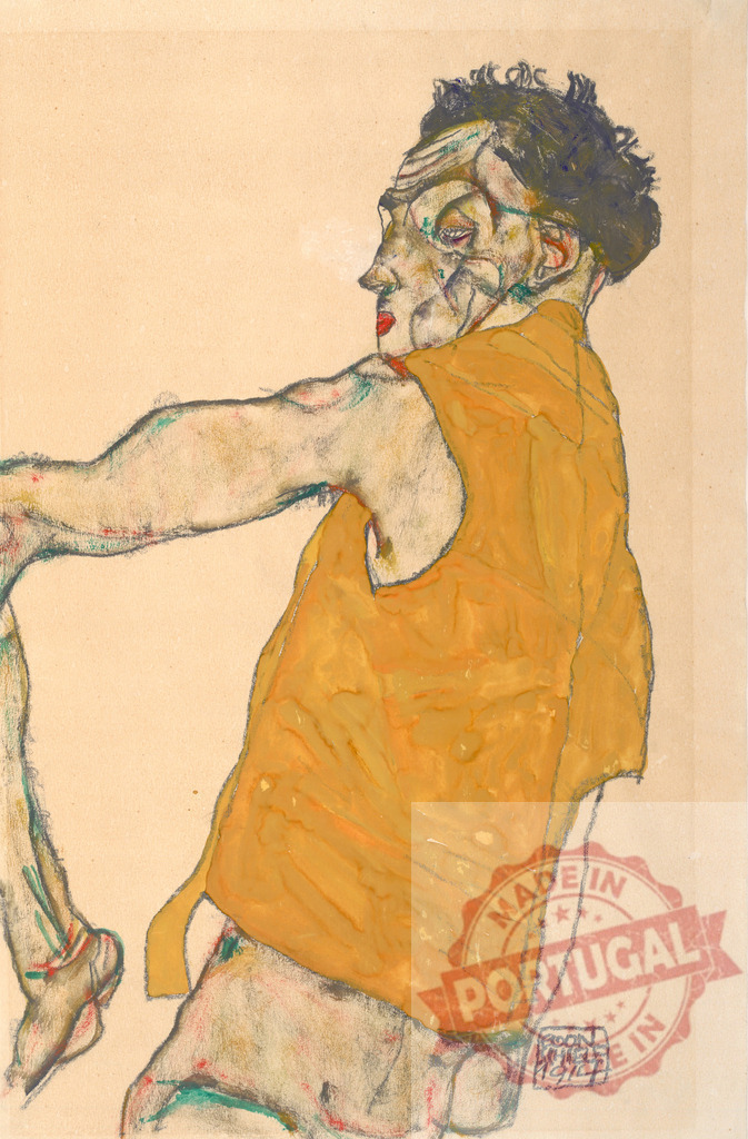 Egon Schiele Egon Schiele self-portrait, contorted figure expressionism drawing | Egon Schiele capturing a contorted self-portrait with expressive lines and color - Realisiert mit Pictrs.com