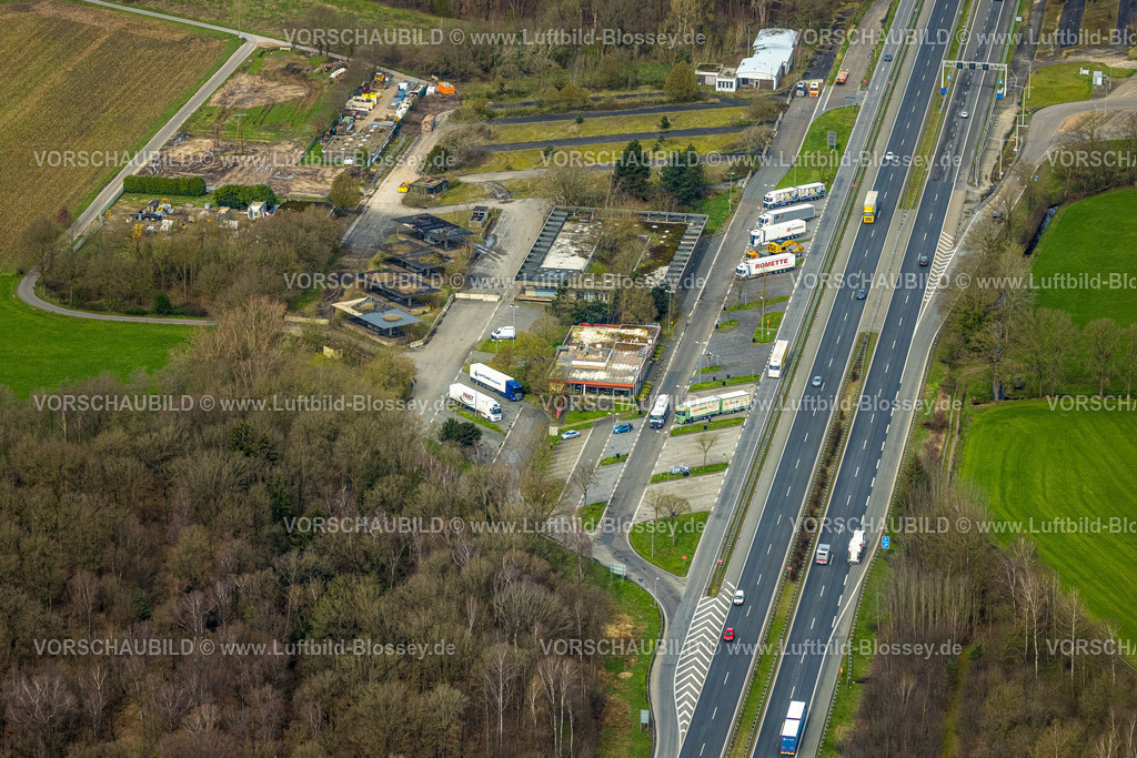Emmerich230300482 | Luftbild, Autobahn A3 / A12, Raststätte Knauheide, Grenzübergang Deutschland-Niederlande, Feldhuisen, Emmerich am Rhein, Niederrhein, Nordrhein-Westfalen, Deutschland